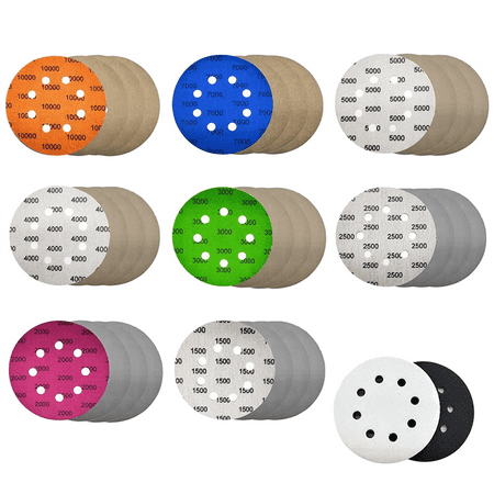 

32 Pcs Sandpaper 8 Hole 5Inch Wheel Shackles Wet and Dry Sandpaper with 2 Interface Pads for Automotive Metal Polishing