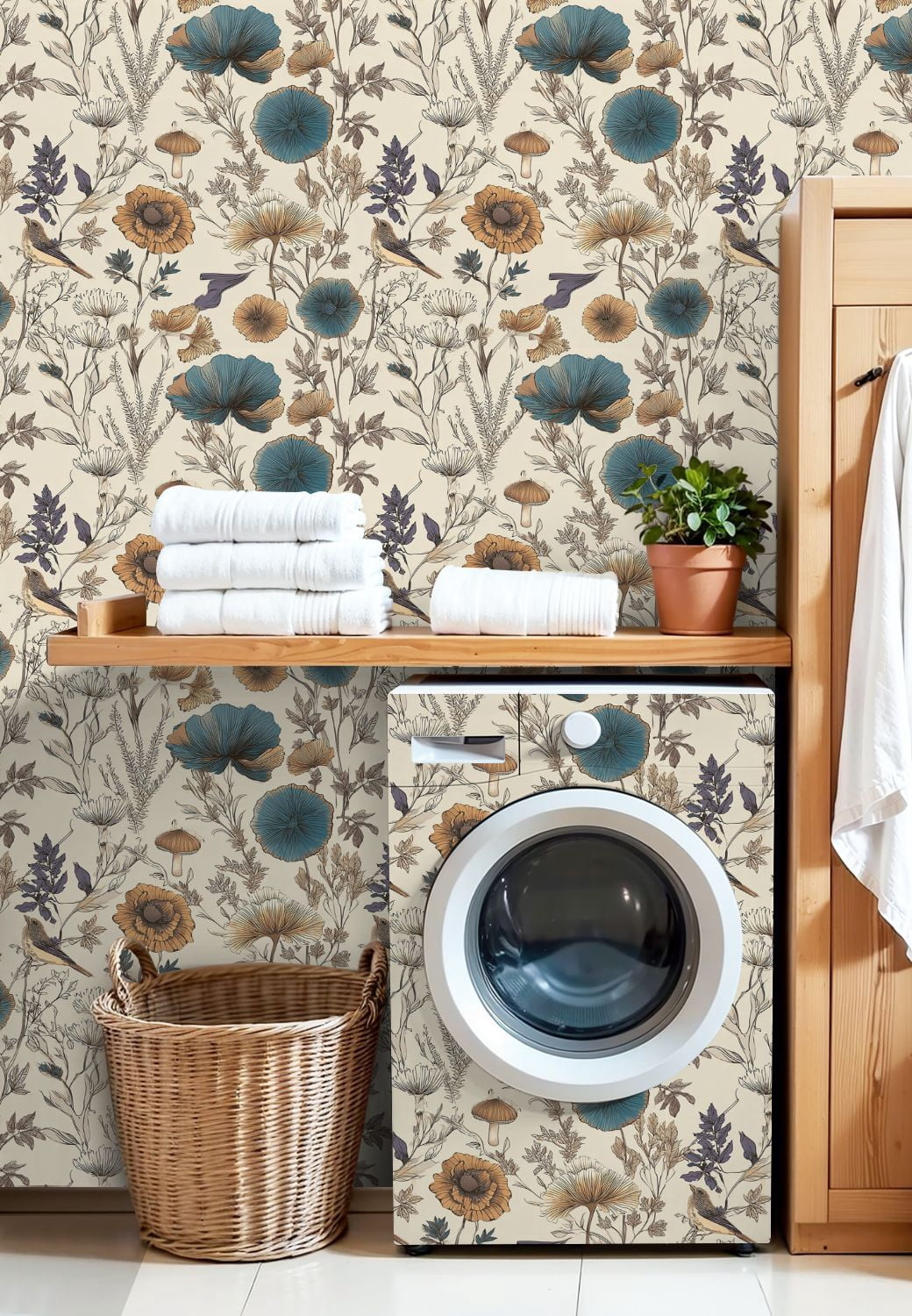Vintage Peel and Stick Wallpaper Botanical Floral Birds Mushrooms Muted Colors Wall Mural 17.7in x 9.8ft Self Adhesive Removable Wall Paper Renter Friendly Wallpaper for Nursery Bedroom Cabinets