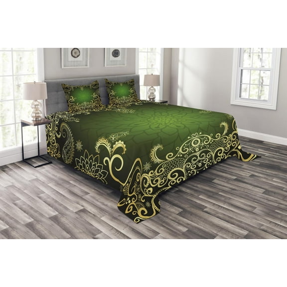 Ambesonne Mandala Quilted Bedspread Set 3 Pcs, Frame Lotus, King Size, Green Black Pale Yellow