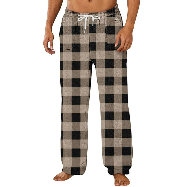 Men's Flannel Plaid Lounge Pajama Pants - Straight Leg Elastic Drawstring Waist Bottoms, Soft Cotton Checkered Sleep/Lounge Pants with Deep Side Pockets