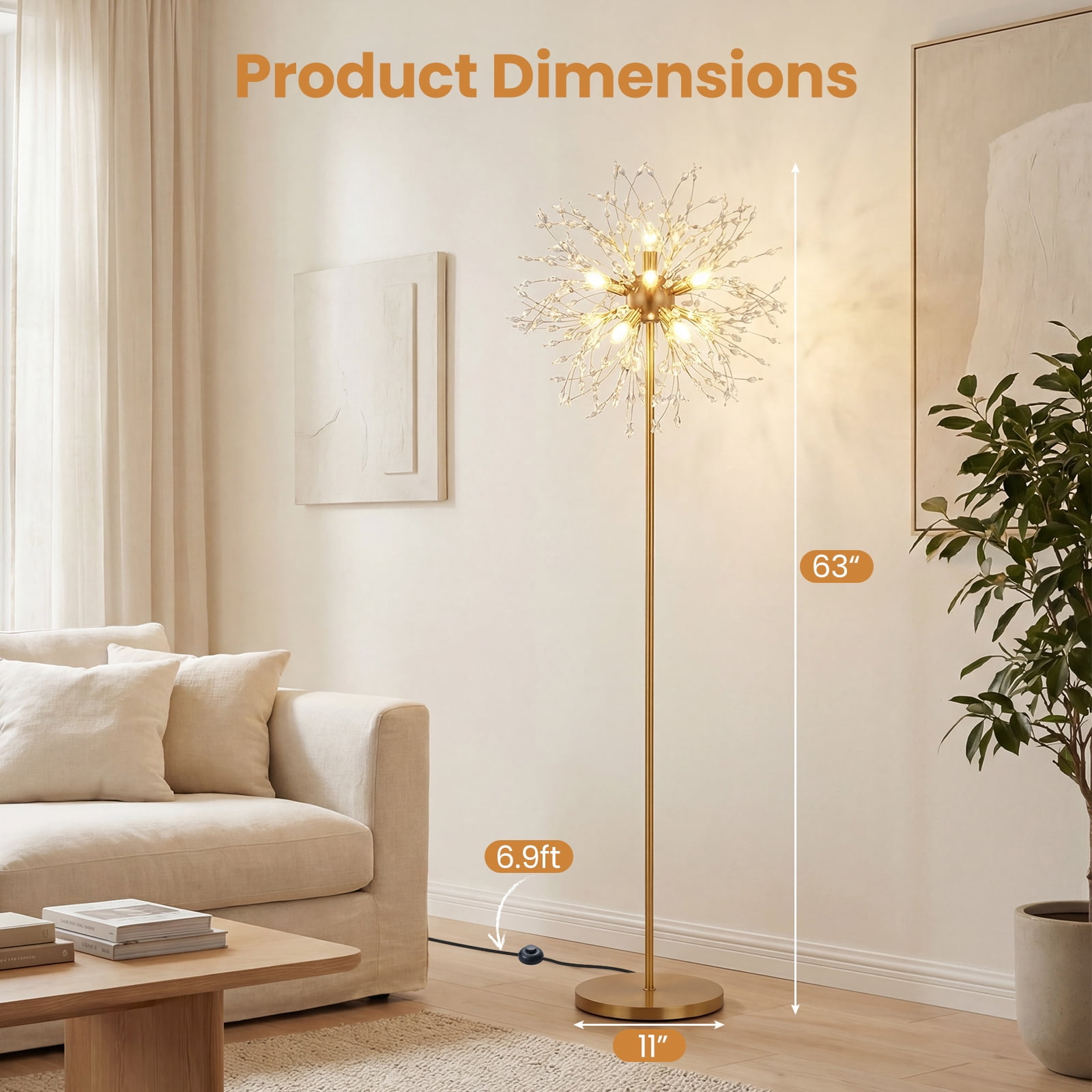 Gymax 63'' Crystal Floor Lamp w/Acrylic Crystals Foot Switch for Living Room Bedroom Gold