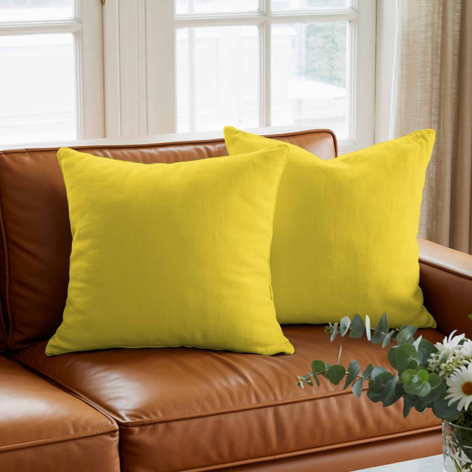 Throw Pillow Covers 26 x 26 Inch, Yellow Cotton Linen Pillows Cases, Pure Yellow Square Cushion Covers for Couch Sofa Bed