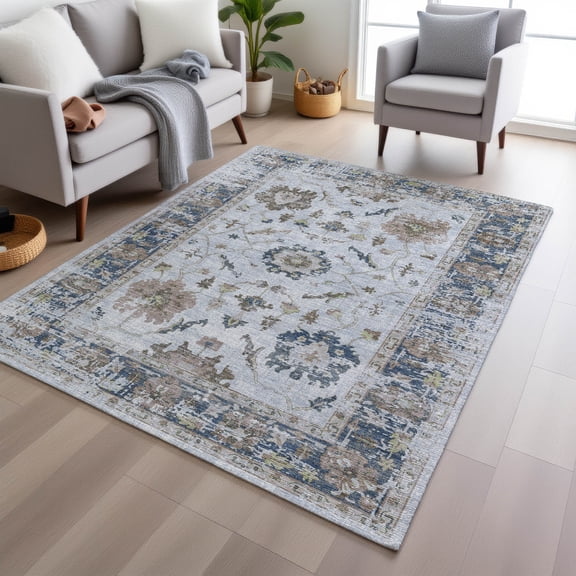 Addison Rugs Chantille Indoor/Outdoor Traditional Border Blue Machine Washable Rectangle Rug, 10' x 14'