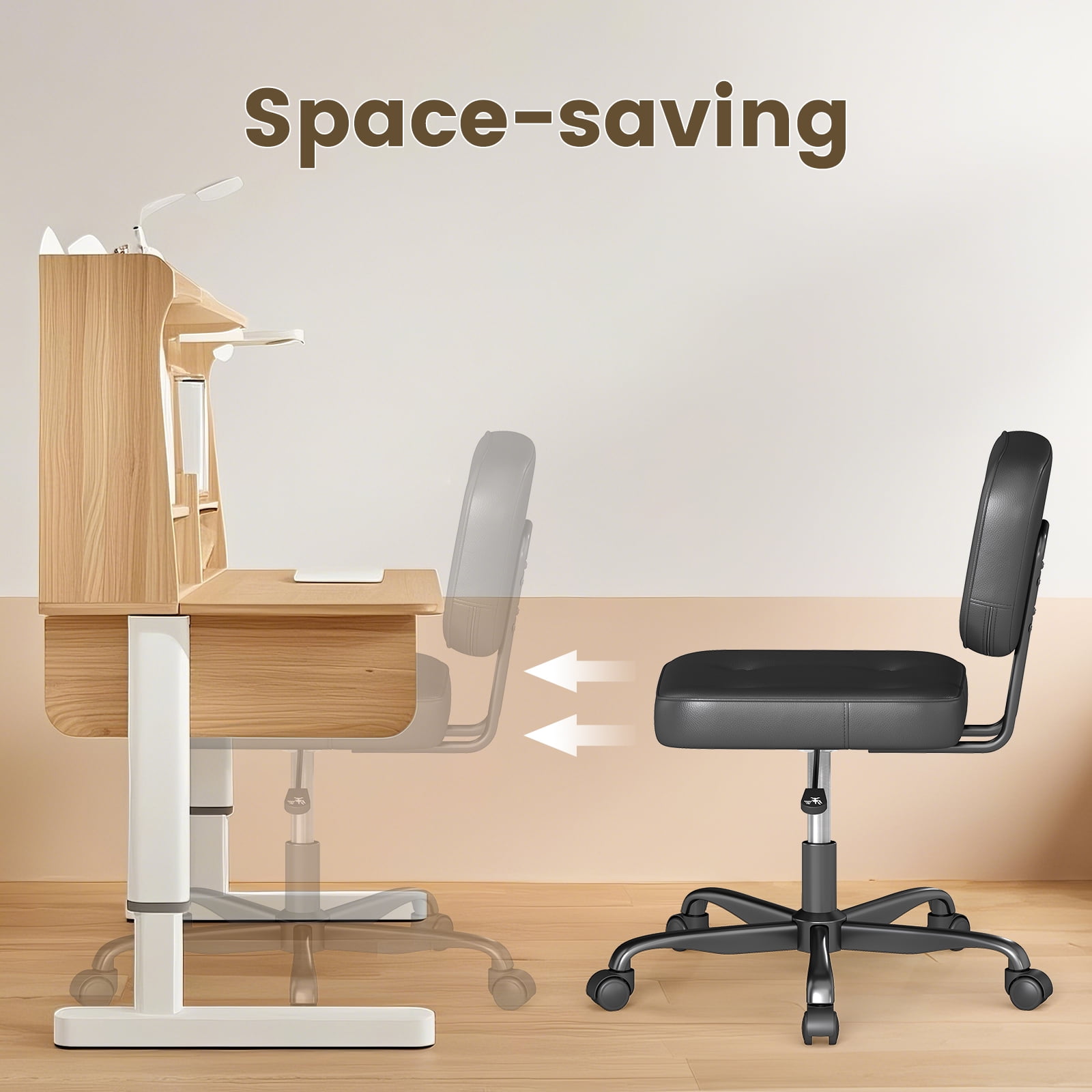 YERAIRR Armless Office Chair with Wide Seat,Home Computer Desk Chair Thickened Cushion PU Leather Swivel Upholstered Vanity Chair