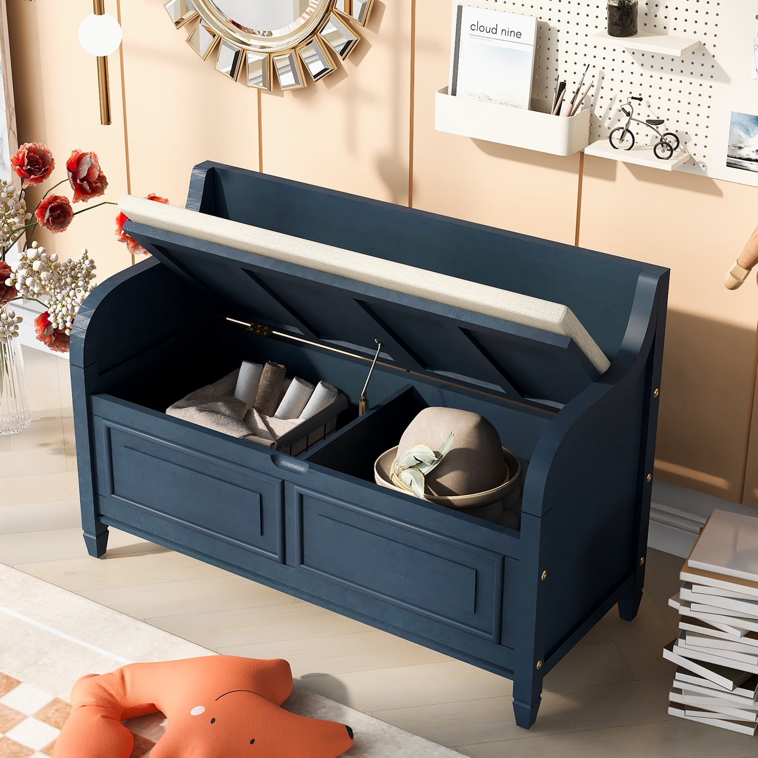 Kadyn 42" Entryway Multifunctional Storage Bench, Pine Storage Bench with Safety Hinge, Rustic Style Solid Wood Entryway Bench for Living Room, Antique Navy