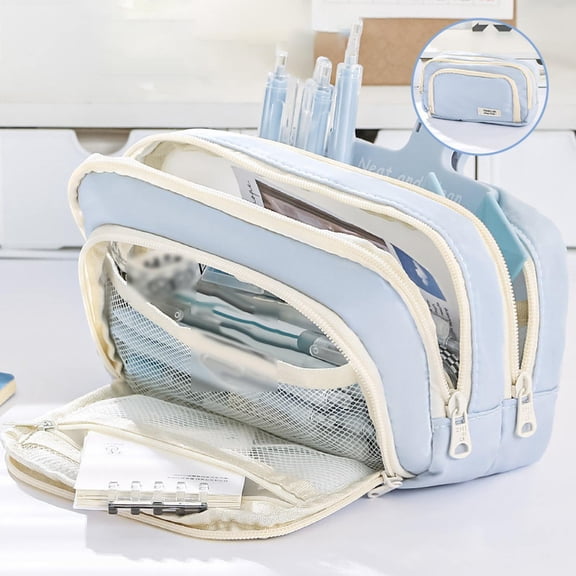 Large Canvas Pencil Case with 3 Compartments - Big Capacity Stationery Organizer & Cosmetic Bag, Washable Travel Pouch for Pens, Makeup & Electronics