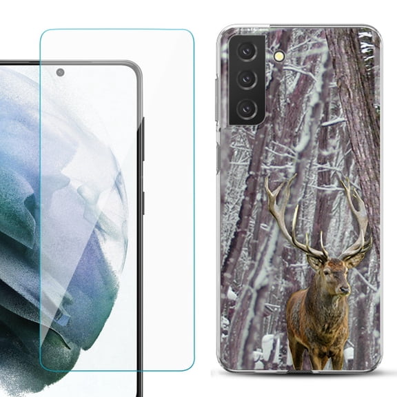 Slim-Fit TPU Fashion Phone Case for Samsung Galaxy S21 FE 5G Fan Edition, with Tempered Glass Screen Protector, by OneToughShield ® - Deer/Snow/Camo