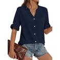 thumbnail image 2 of Fantaslook Womens 3/4 Sleeve Button Down Shirts V Neck Roll Up Sleeve Tops Cotton Linen Casual Summer Blouses Shirts, 2 of 10
