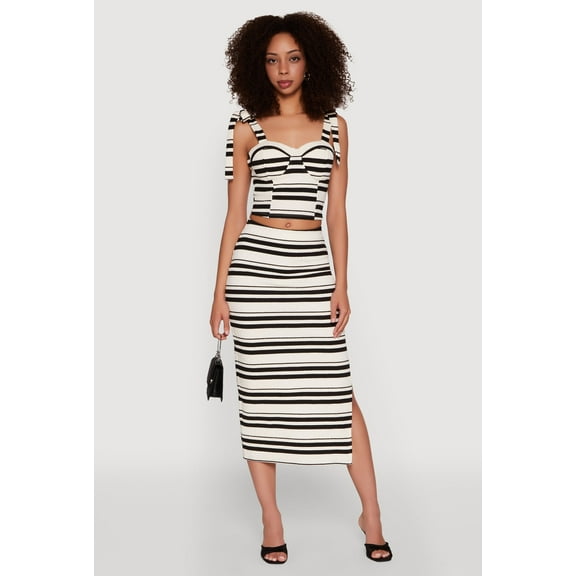 Womens Striped Side Slit Midi Skirt