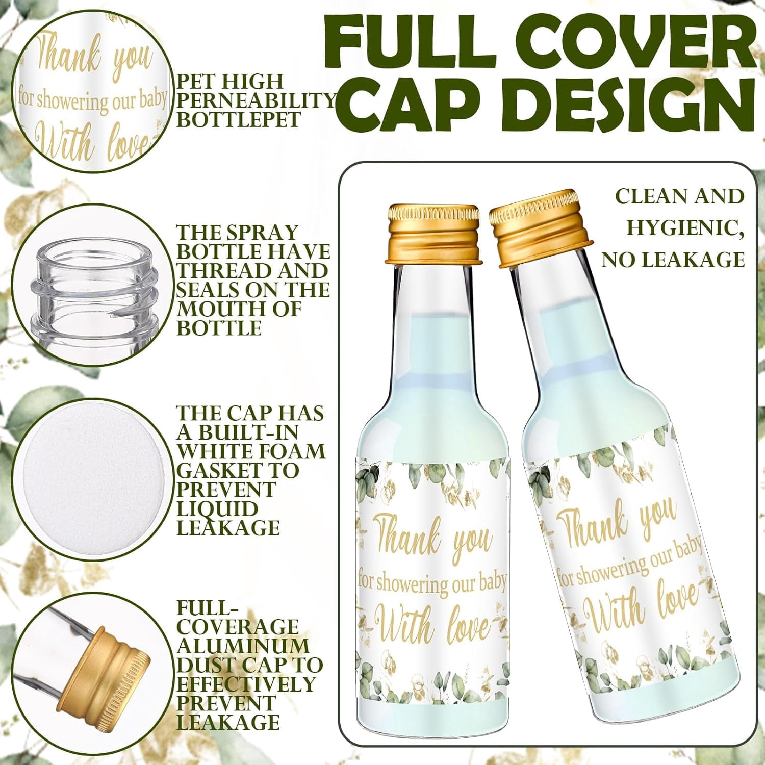 50 Pack Baby Shower Mini Liquor Bottles 2oz Shot Bottle with Cap Baby Shower Favor for Guest Gender Reveal Party Favor Thank You Funnel Sticker for Guest Gift Newborn Baptism Party Decoration