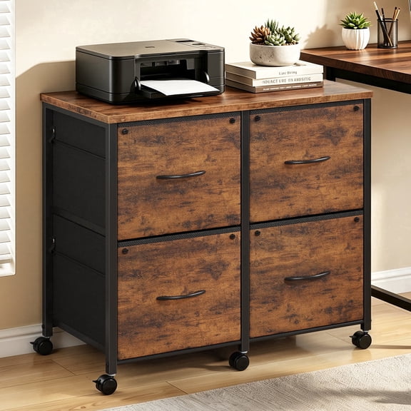 HIGDBFE 4-Drawer Rolling Lateral File Cabinet with Locking Wheels, Works as Printer Stand for Home Office, Rustic Brown