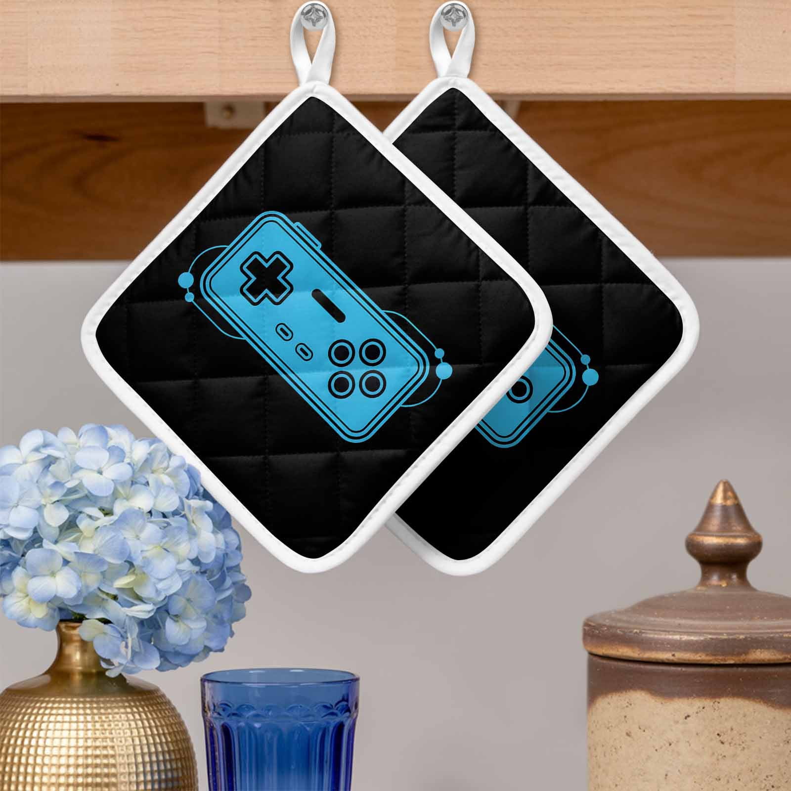 Blue Game Handle Pot Holders for Kitchen Heatproof Potholder, 3 Pack Video Gamer Console Earphones Black Hot Pads Multipurpose Oven Pads Cloth Potholders Trivet for Cooking Baking