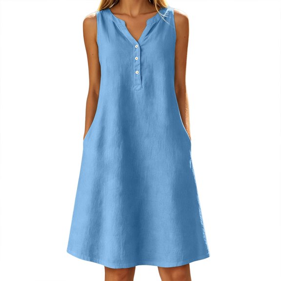 JIAYUE Summer Dresses For Women Sleeveless Classic V Neck Stylish A-Line Versatile Knee Length Casual Female Button Down Flowy Beach Dress