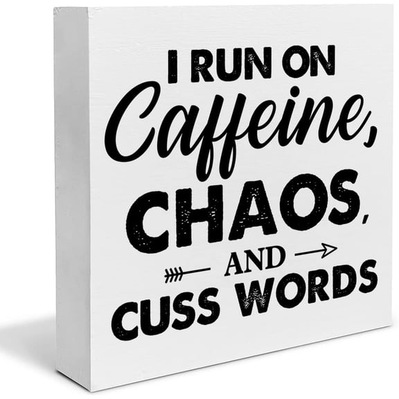 Zomyto 5"x5" Coffee Wood Box Sign Desk Decor Farmhouse I Run on Caffeine Chaos and Cuss Words Wood Block Sign Decor