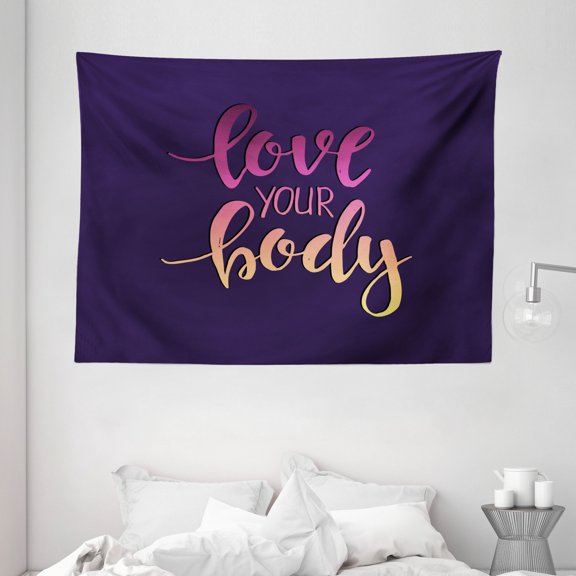 Fitness Tapestry, Love Your Body Hand Drawn Typography Inspirational Positive Attitude, Wall Hanging for Bedroom Living Room Dorm Decor, 80W X 60L Inches, Dark Purple Pink Peach, by Ambesonne
