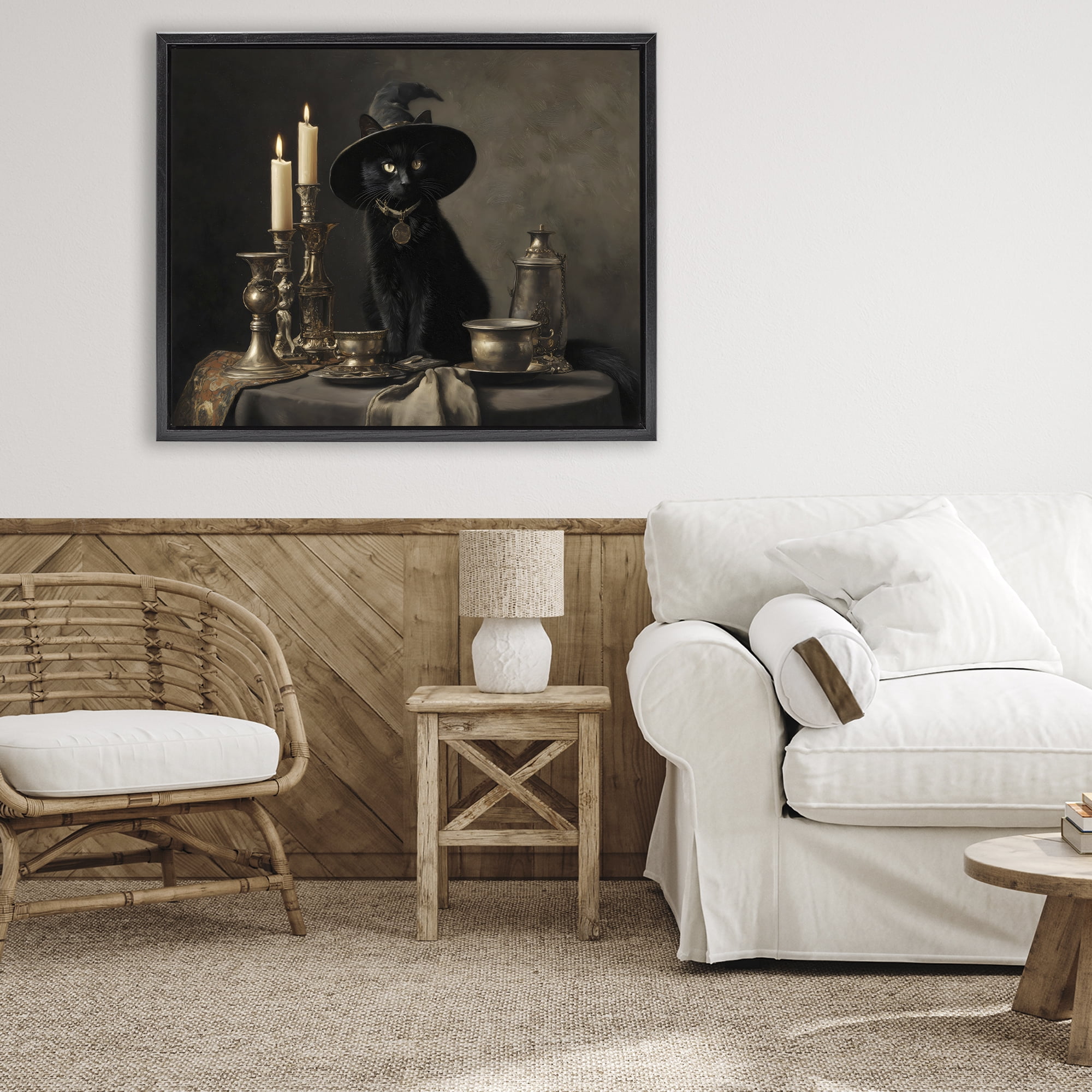 Vintage Witchy Black Cat Black Framed Floater Canvas Wall Art, design by Arlington Prints