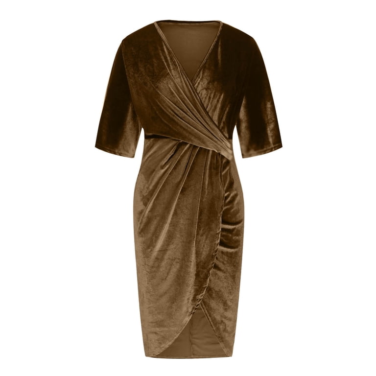 irregular wrap velvet bodycon dress Women's Dress， Long Sleeve V-Neck Evening Gown with Hem， Mid-Length Waist (2)