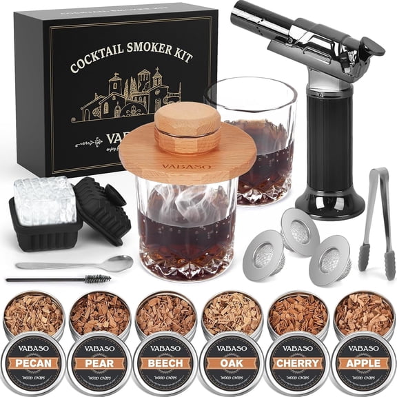 18PCS Whiskey Smoker Kit with Torch - 6 Flavors of Wood Chips, 2 Glasses, Ice Molds - Cocktail Smoker Kit, Old Fashioned Smoker Kit, Birthday Bourbon Whiskey Gifts for Men, Dad, Husband