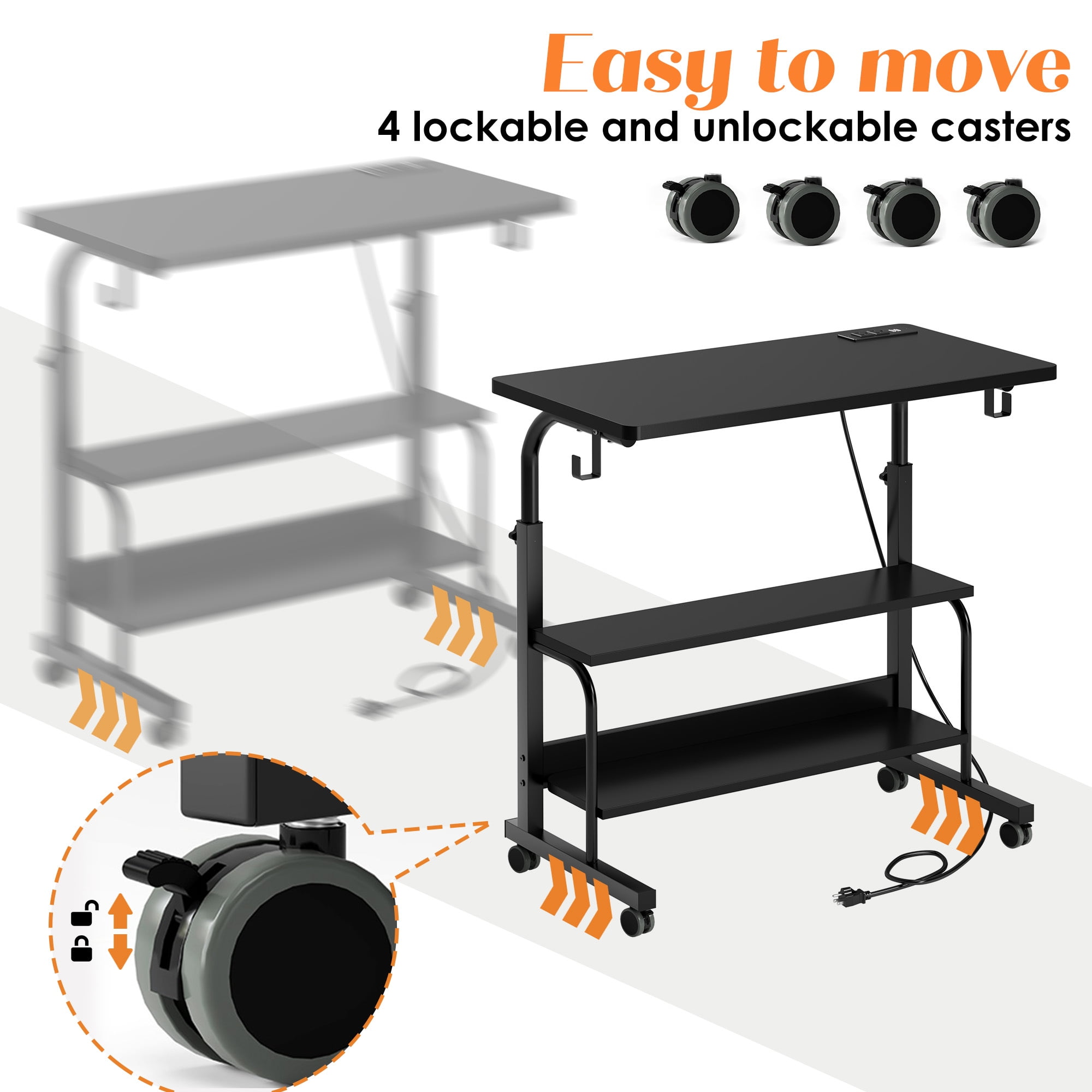 Soges 31.5" Height Adjustable Computer Desk with Charging Station, Adjustable Side Table Movable Laptop Desk with 2 Storage Shelves, Adjustable Desk on Wheels for Home Office, Sofa, Bed, Black