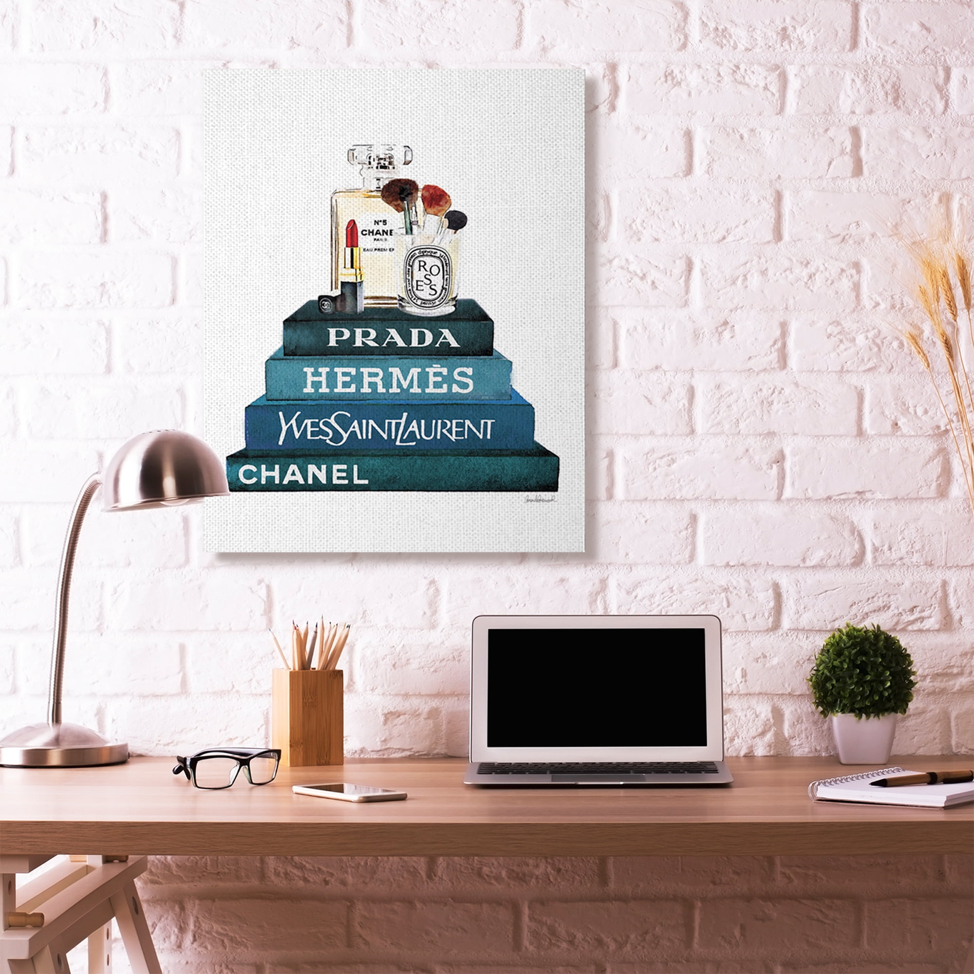 Stupell Industries Fashion Designer Makeup Bookstack Blue Watercolor Canvas Wall Art by Amanda Greenwood