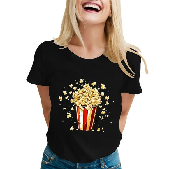 LUOGENLI Female T-shirts for Womens Women's Carnival Fancy Funny Print D Round Neck Short Sleeve T Shirt Womens T-shirts Graphic Tees Funny Valentines Black L