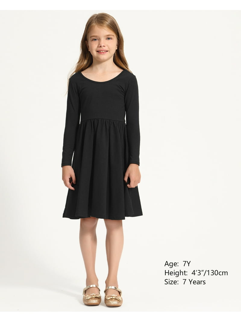 Stelle Long Sleeve Casual Sundress A-Line Twirly High Waisted Knee Length Flare Swing Cross Back Skater Dress for Girls,Black,8 Years
