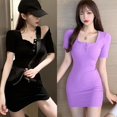 thumbnail image 2 of Femmes Vintage Mini Robe Sexy Col Carré Bodycon Manches Courtes Couleur Unie Clubwear Vestidos Violet S, 2 of 3