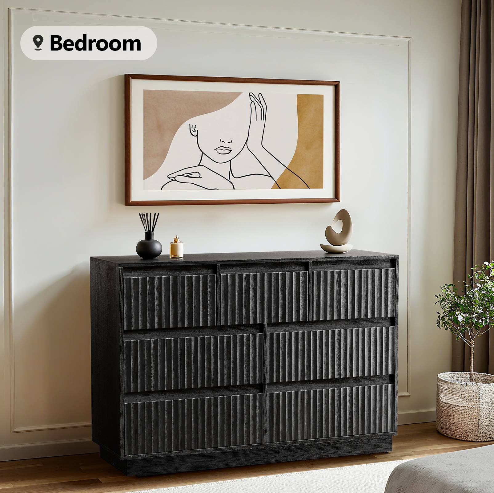 UPGO Wood Dresser, 7 Drawer Dresser for Bedroom, Modern Chest of Drawers with Deep Drawers Waterproof Living Room, Hallway, Entryway,Black