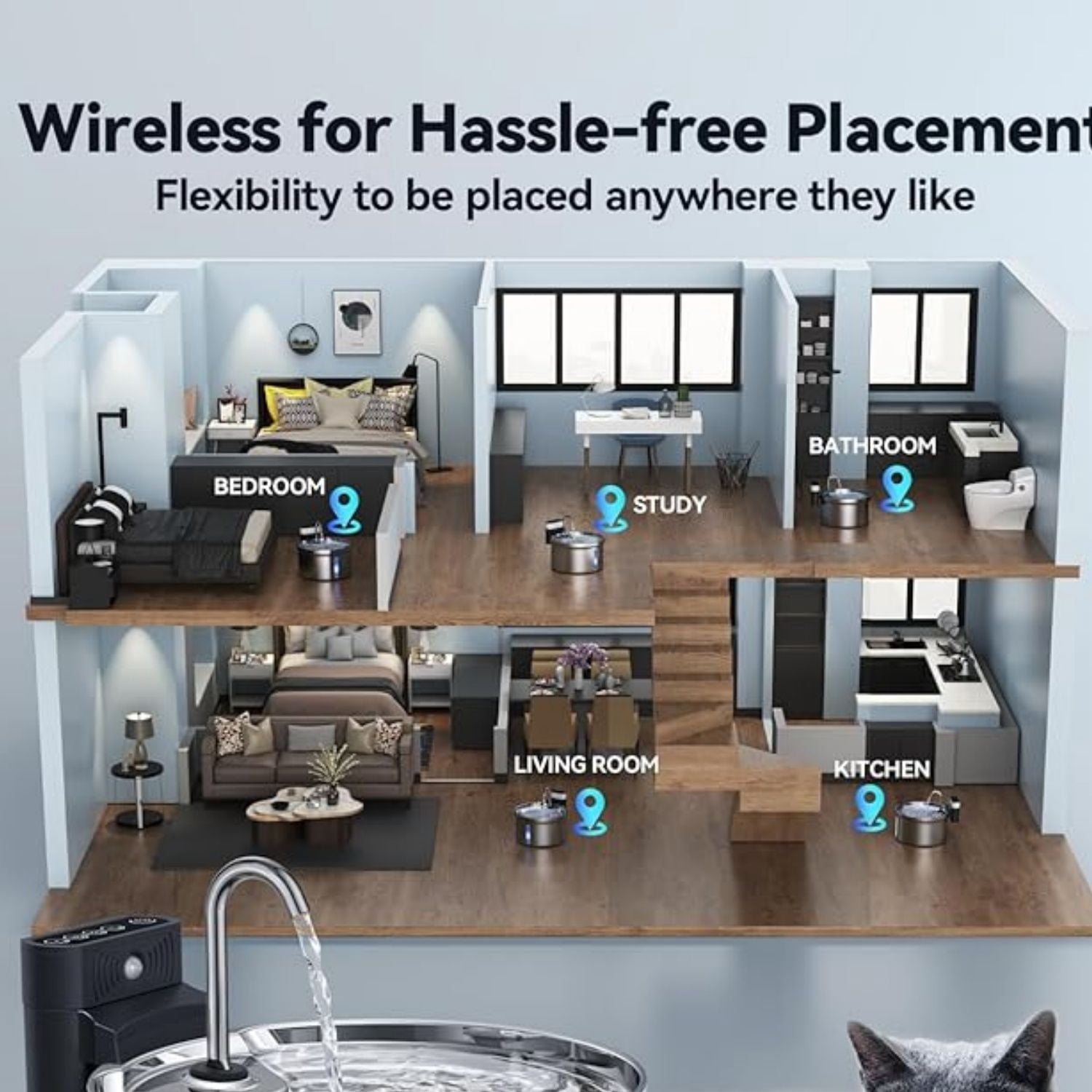Stainless Steel Automatic Pet Water Dispenser, 4000mAh Battery Operated Water Fountains for Cats Dogs - 3.5L/118oz