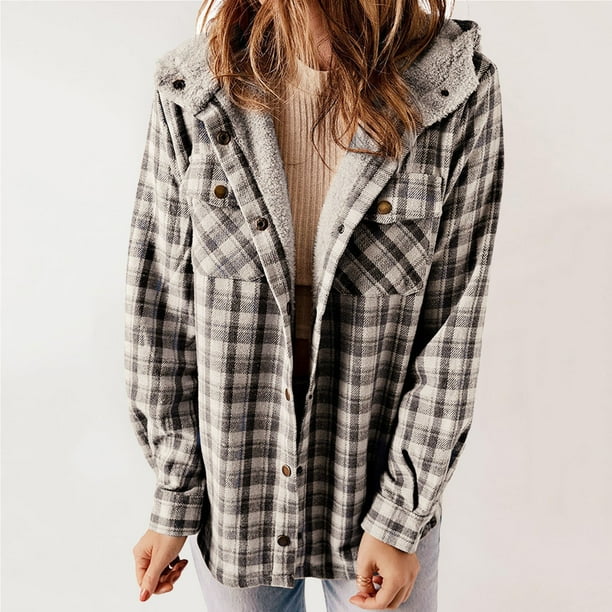 ERFCXS Columbia Jacket Women Plaid Shacket Jacket Long Sleeve
