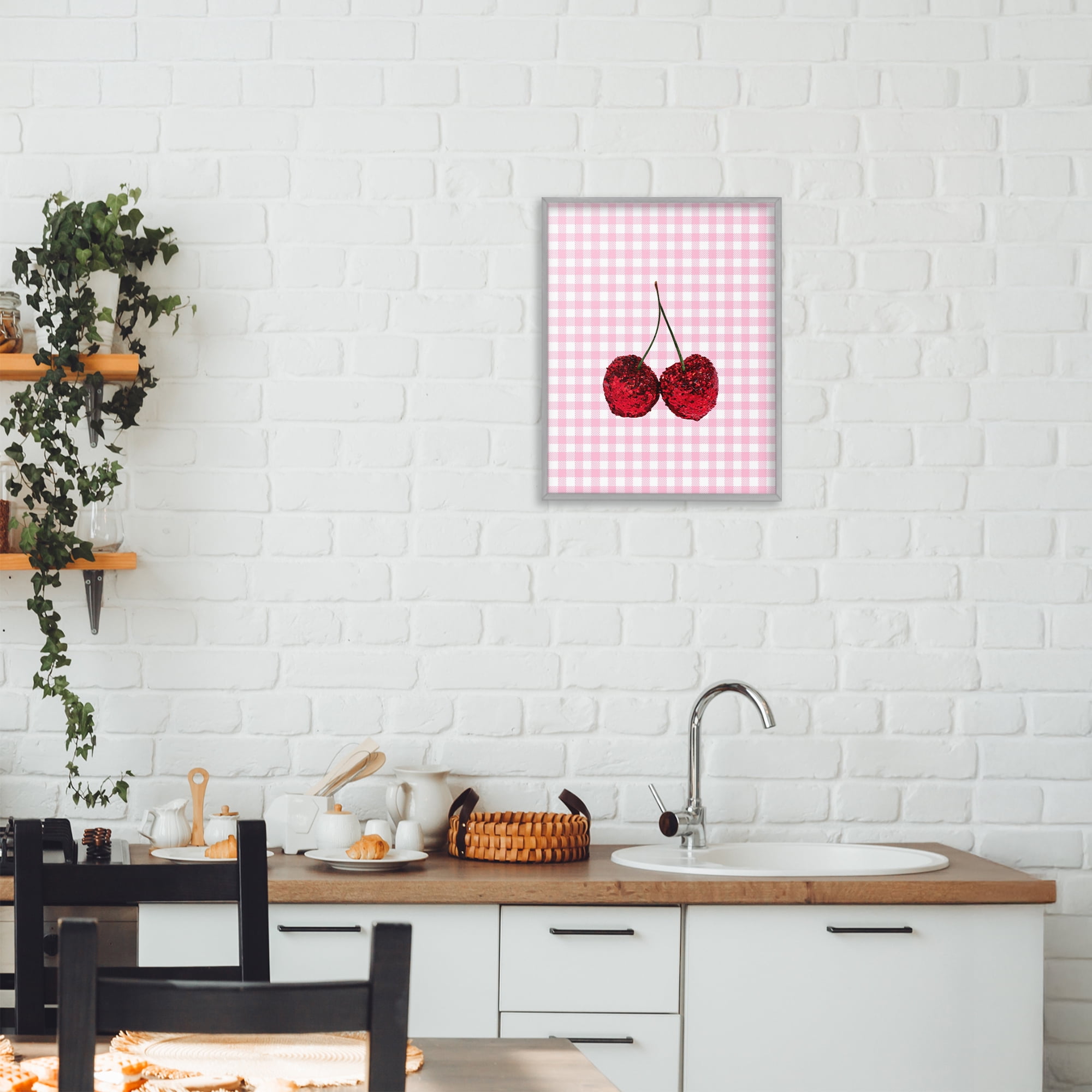 Stupell Industries Glitter Cherry on Pink Gingham Gray Framed Giclee Art, design by LISH Creative