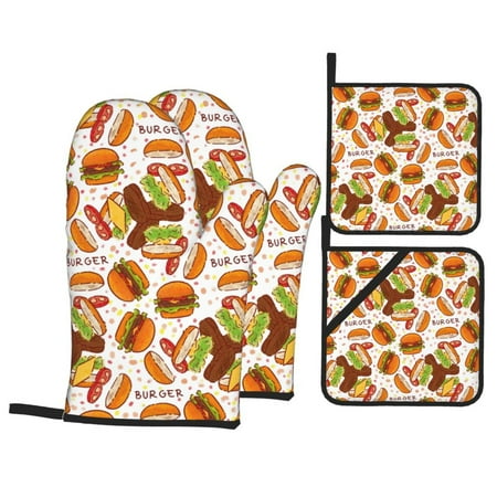 

Oven Mitts and Pot Holders 4 pcs Set Hamburger A Heat Resistant Pot Holders Oven Mitts for kitchen Non-Slip Hanging Loop Oven Glove Potholders for Baking Cooking