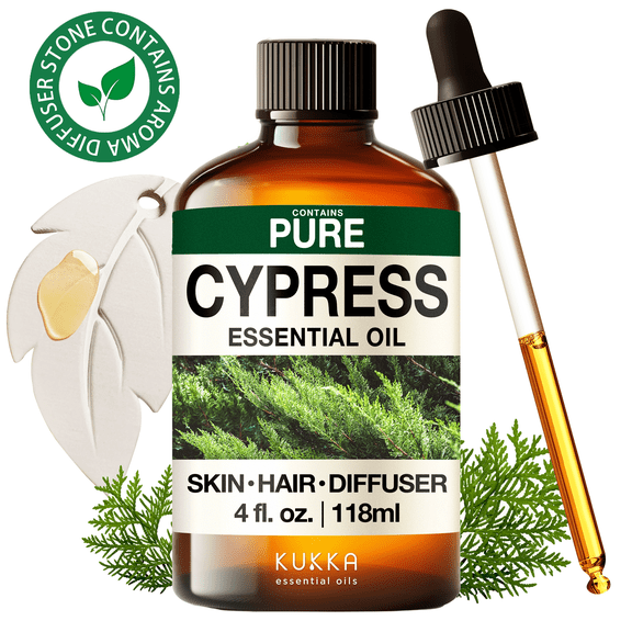 Kukka Cypress Essential Oil with Aromatherapy Stone - 100% Pure Fresh Woody Scent for Diffuser, Skincare, Massage & DIY - 4 fl oz