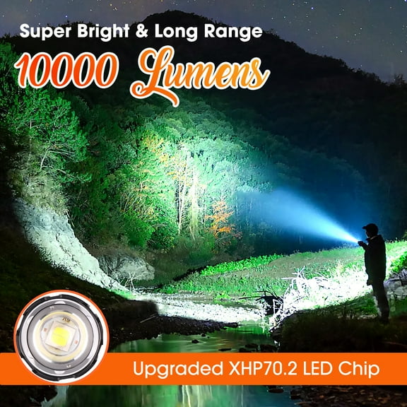 Powerful Flashlight, 10000 Lumens USB Rechargeable XHP70.2 Flashlights, High Lumens LED Torch Powerful Tactical Flashlight 5 Modes, Zoomable with Power Display and USB Output for Emergency, Black