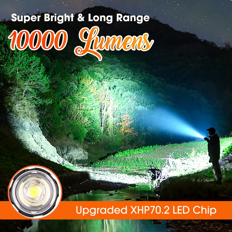 Powerful Flashlight 10000 Lumens,USB Rechargeable XHP70.2 Flashlights High Lumens LED Torch Powerful Tactical Flashlight 5 Modes, Zoomable with Power
