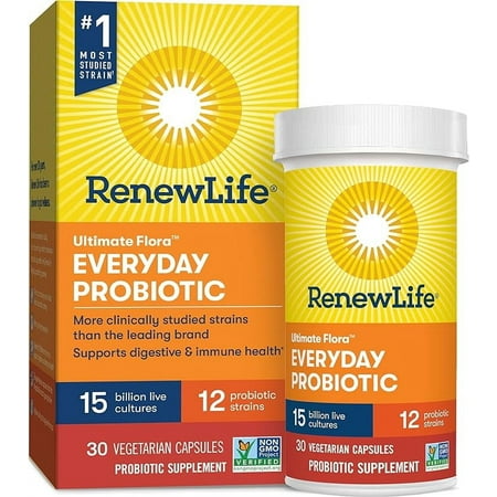 Renew Life Everyday Probiotic Capsules, Daily Supplement Supports Urinary, Digestive and Immune Health, L. Rhamnosus GG, Dairy, Soy and Gluten-Free, 15 Billion CFU, 30 Count