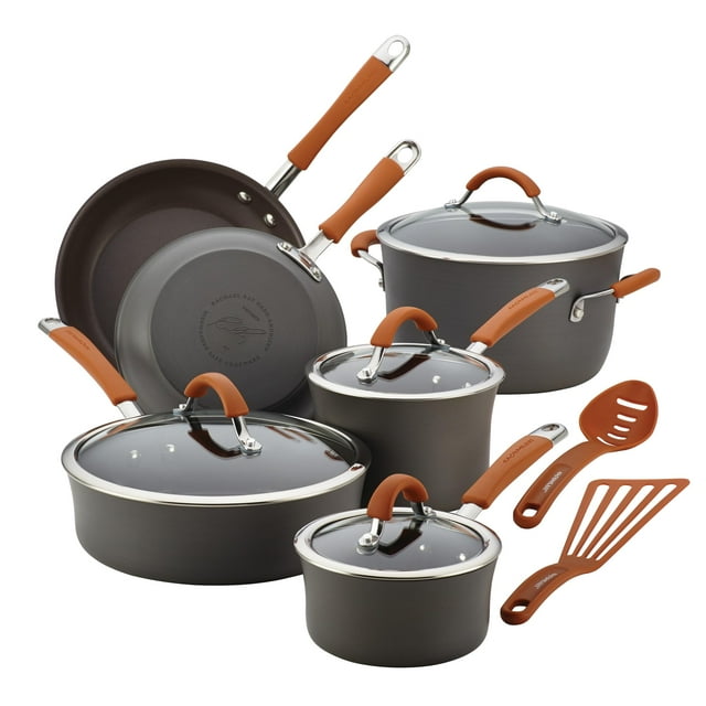 Juego de ollas y sartenes antiadherentes anodizadas duras Rachael Ray Cucina, aptas para lavavajillas, 12 piezas, color gris con asas naranjas