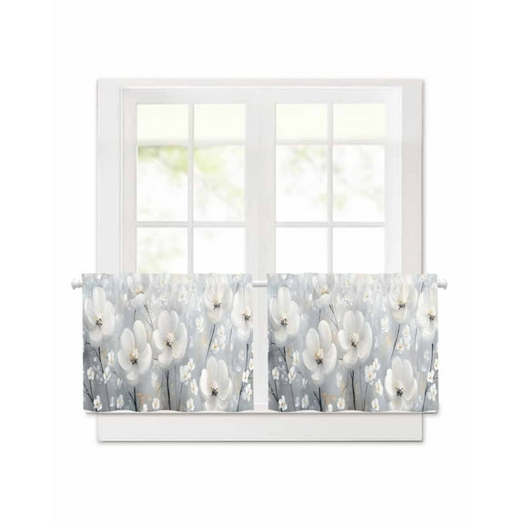 Retro White Camellia Short Blackout Curtains 24 Inch Long Spring Farm Oil Painting Rod Pocket Kitchen Curtains, 2 Panels Thermal Insulated Room Darkening Drapes for Bedroom, 30"W x 24"L