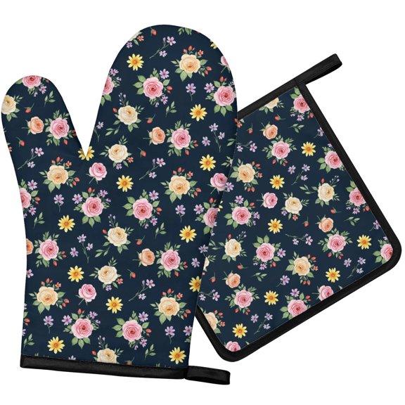 Pioneer Flower Floral Print Pattern 1-Pack Oven Mitts Set, Heat Resistant Kitchen Gloves, 7.7" X 12"