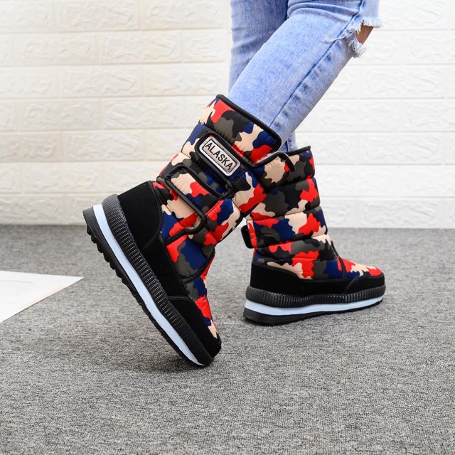 Hjcommed Bottes d'Hiver pour Femmes à Plateforme, Épaisses en Peluche, Imperméables, Bottes de Moto Chaudes, Mi-Mollet, Rouges 38