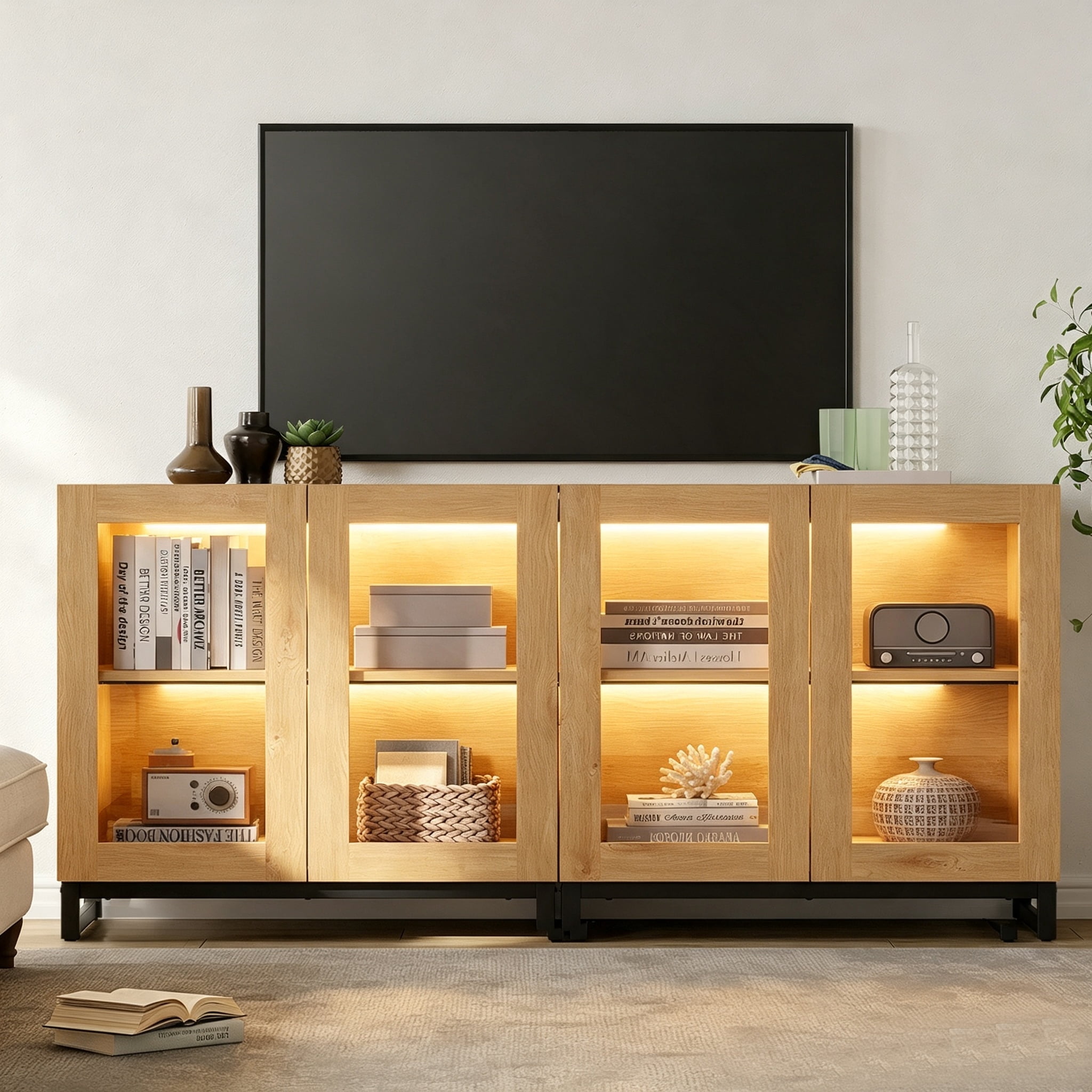 Modern TV Stand with Glass Doors, Entertainment Center TV Console with Adjustable Shelves, Media Storage Furniture up to 70 Inch TVs, Suitable for Living Room,Oak