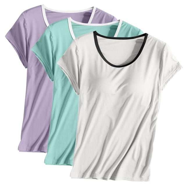 TIMIFIS Ensemble 3 Pcs pour Femmes en Modal avec Soutien-Gorge Intégré Hauts de Pyjama Couleur Unie Col Ras du Cou T-Shirt à Manches Courtes Tenue d'Intérieur
