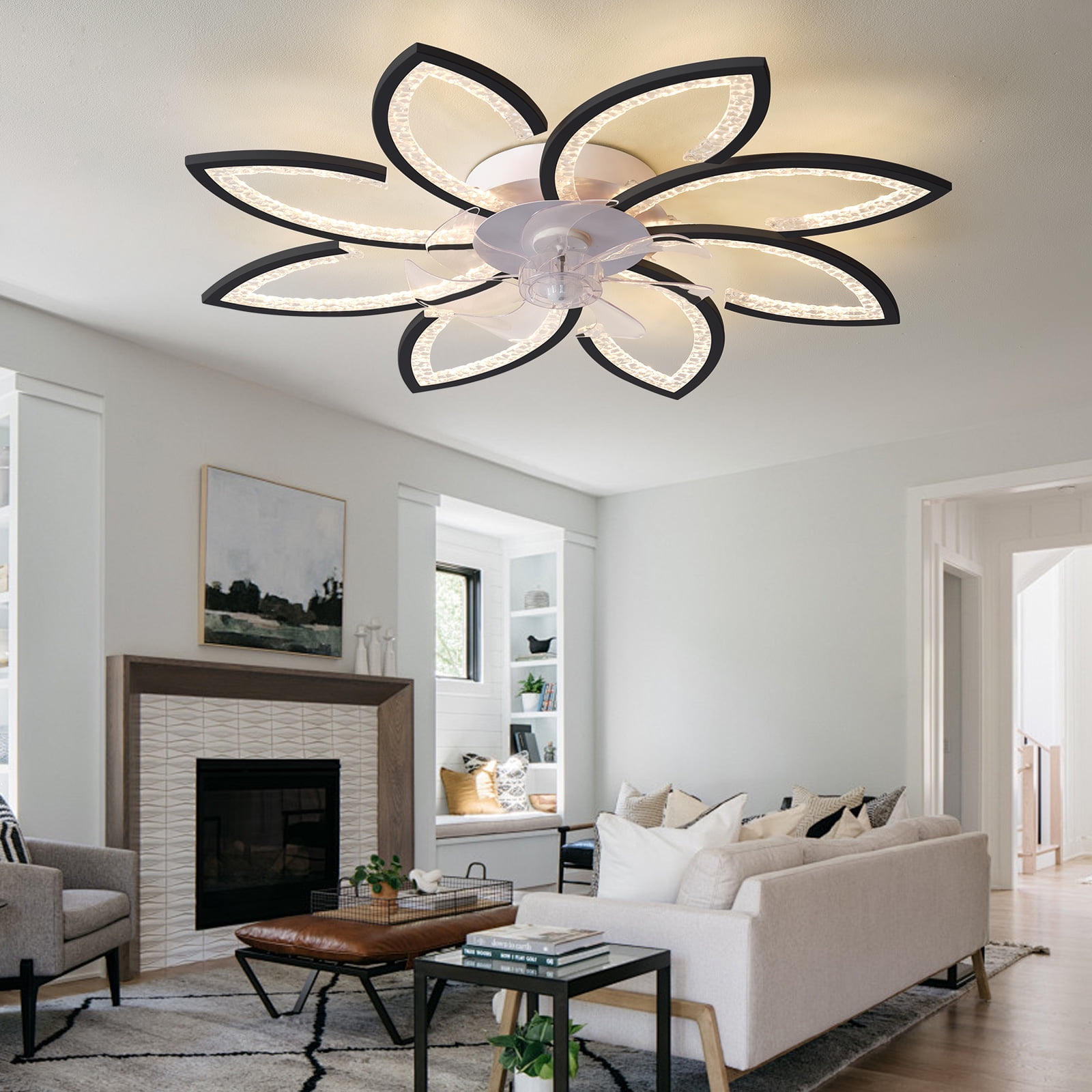 Mintazer 35.4" Modern Ceiling Fan with Remote Control, Modern Dimmable Flower Shaped, 6-Speed Adjustable 3-Color Temperature LED Lights with Fan for Bedrooms & Living Rooms