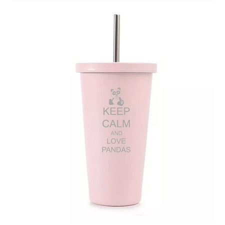 

16 oz Stainless Steel Double Wall Insulated Tumbler Pool Beach Cup Travel Mug With Straw Keep Calm And Love Pandas (Light Pink)