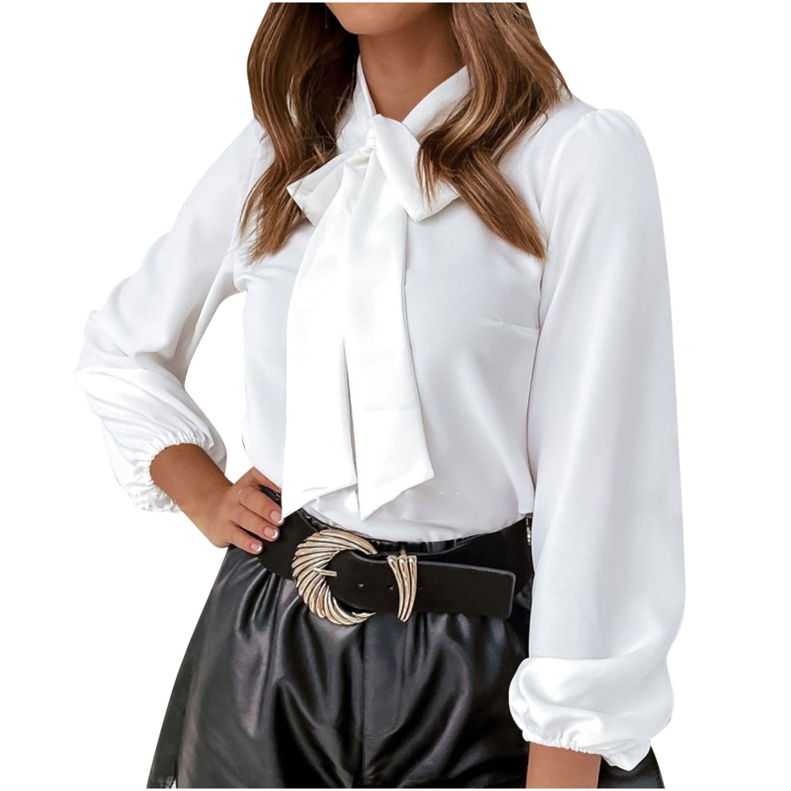 Bowake Women's Satin Silk Shirts Dressy Long Sleeve Bow Tie Neck