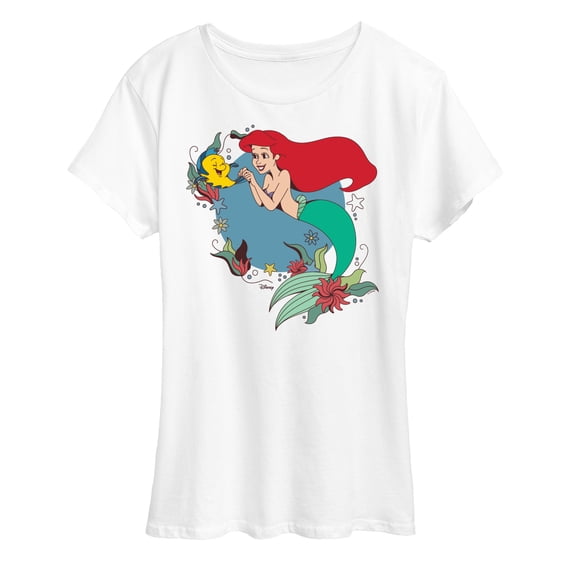 Disney Princess - Ariel And Flounder With Flowers - Women's Short Sleeve Graphic T-Shirt
