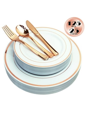 JL Prime 125 Piece Rose Gold Plastic Plates & Cutlery Set, Re-usable Recyclable Plastic Plates with Rose Gold Rim & Silverware, 25 Dinner Plates, 25 Salad Plates, 25 Forks, 25 Knives, 25 Spoons