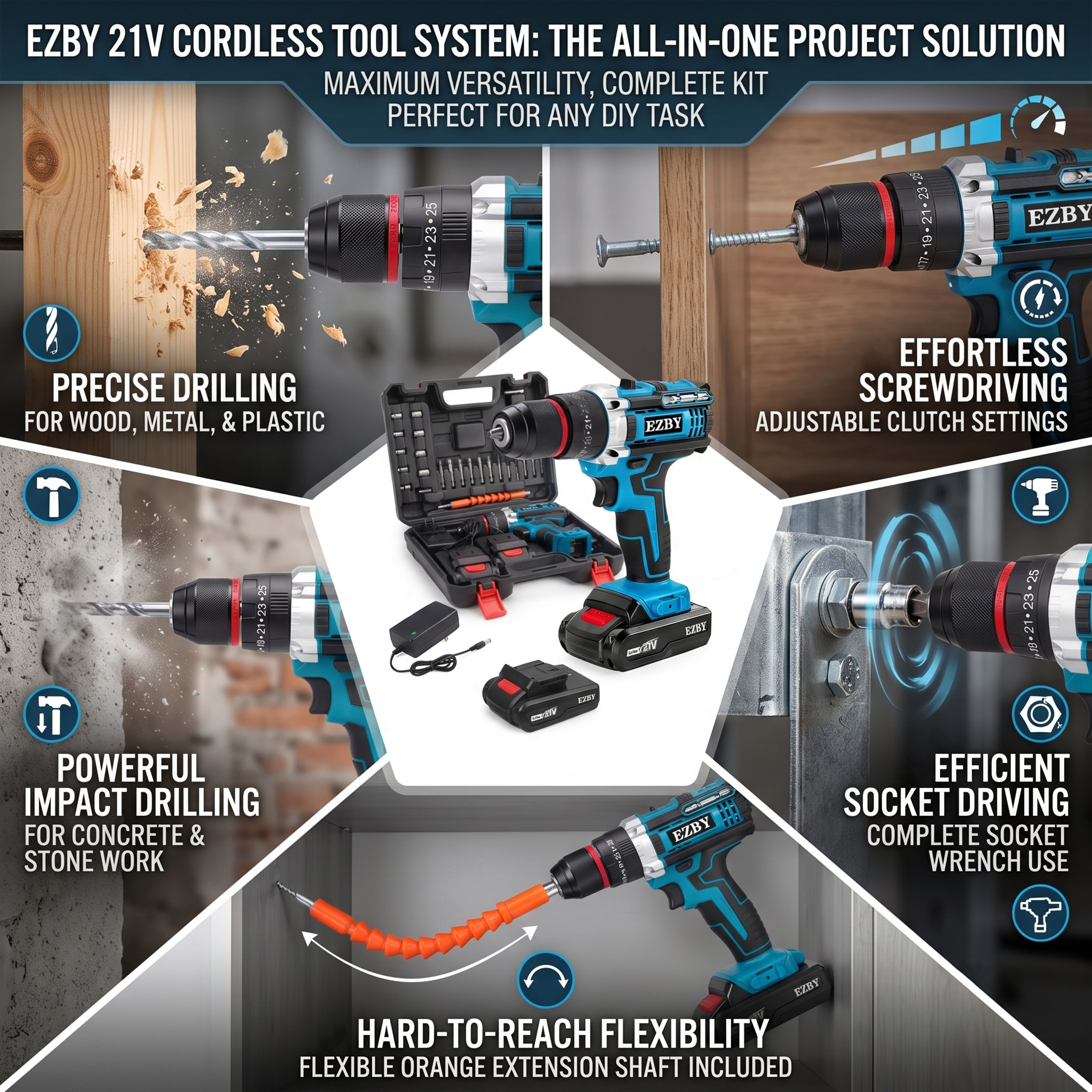 EZBY 21V Cordless Drill Set with 2 Batteries and 96 Pieces photo 8
