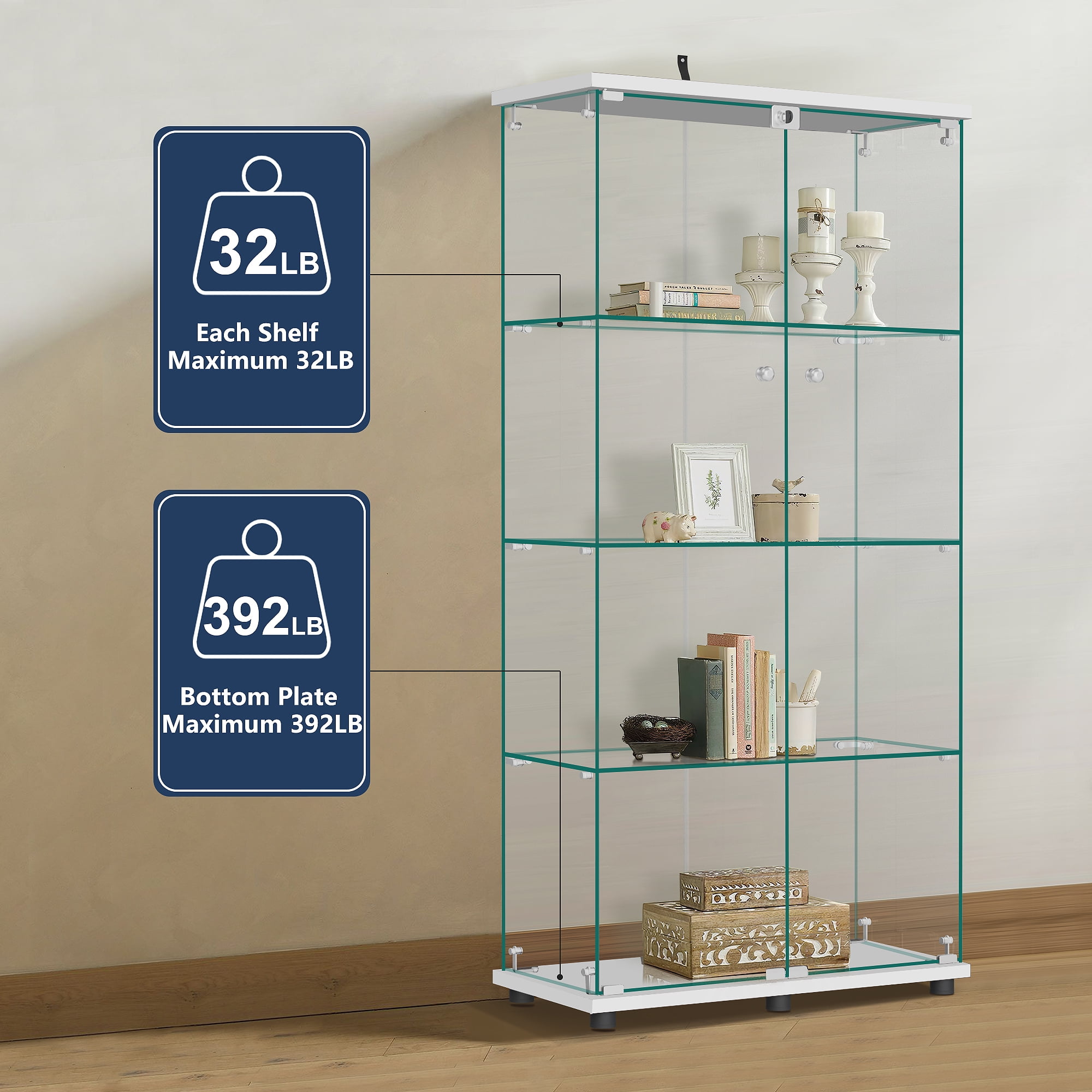 MAYEERTY 4-Tier Glass Display Cabinet with Double Door, Curio Cabinet Collection Showcase, White, 64.5"x32"x14.4"
