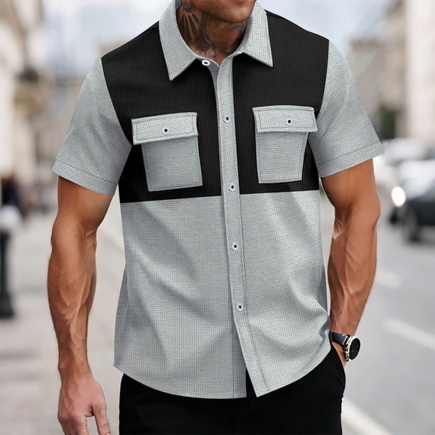 pstuiky Camisas de vestir de manga corta para hombre, Blusa de manga corta con cuello alto y botones para hombre de Europa y América camisetas de hombre m